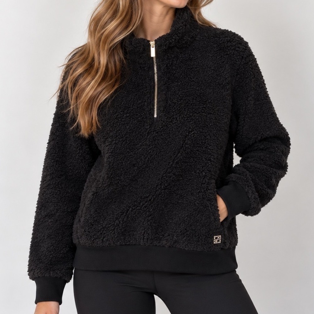 Calvin Klein Black Sherpa Teddy Fleece Quarter Zip Pullover Women's L Cozy
